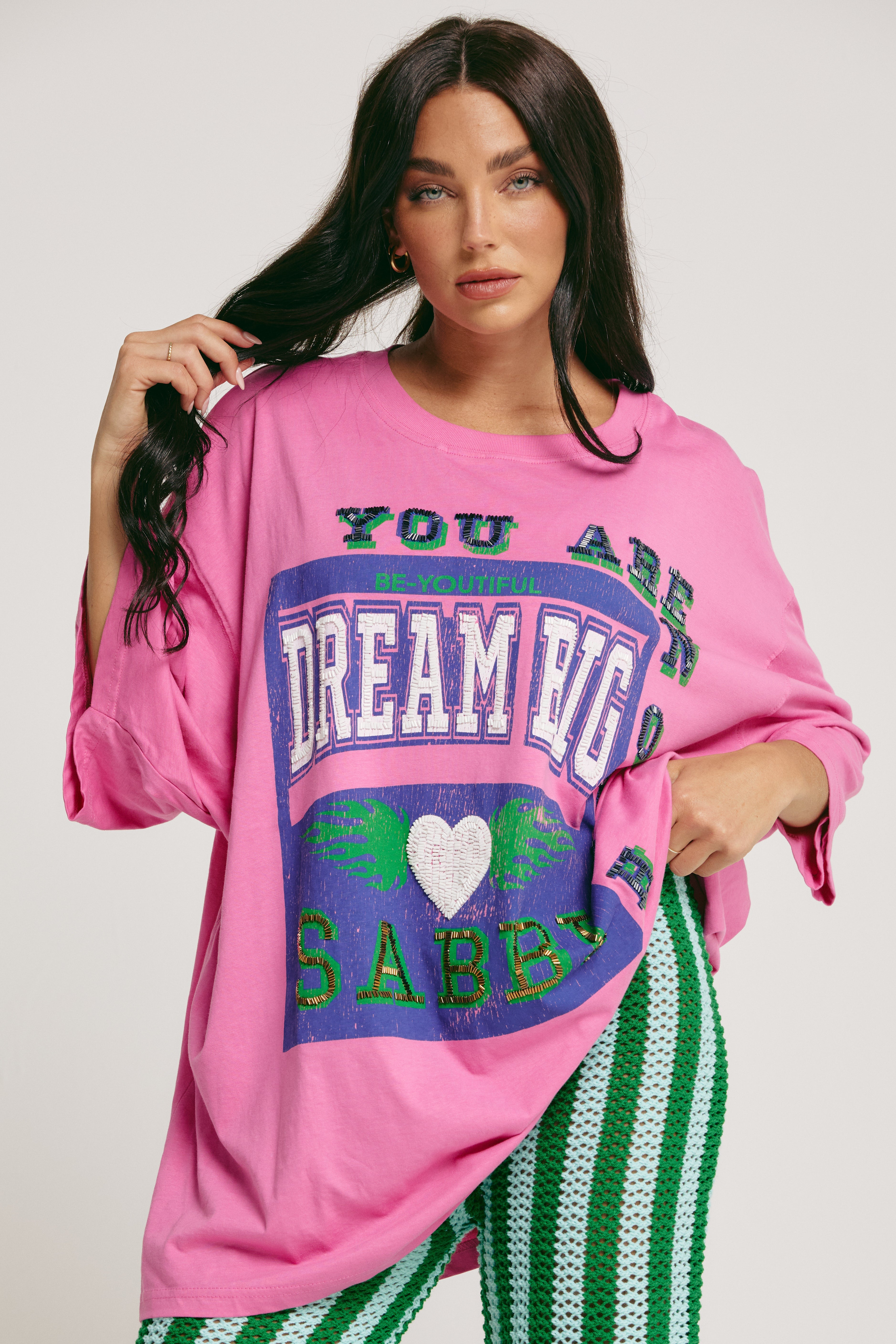 THE VERY OVERSIZED DREAM BIG BEADED TEE - PINK
