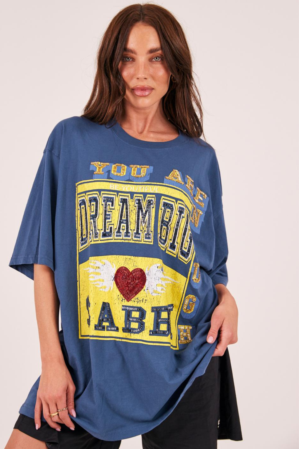 THE VERY OVERSIZED DREAM BIG BEADED TEE - BLUE
