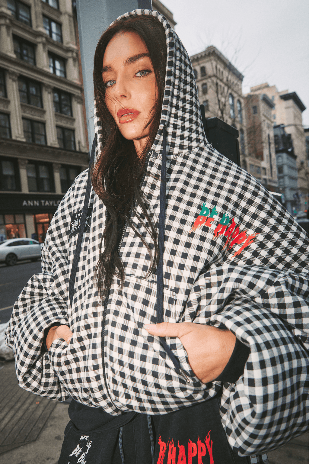 THE BE HAPPY GINGHAM PADDED BOMBER