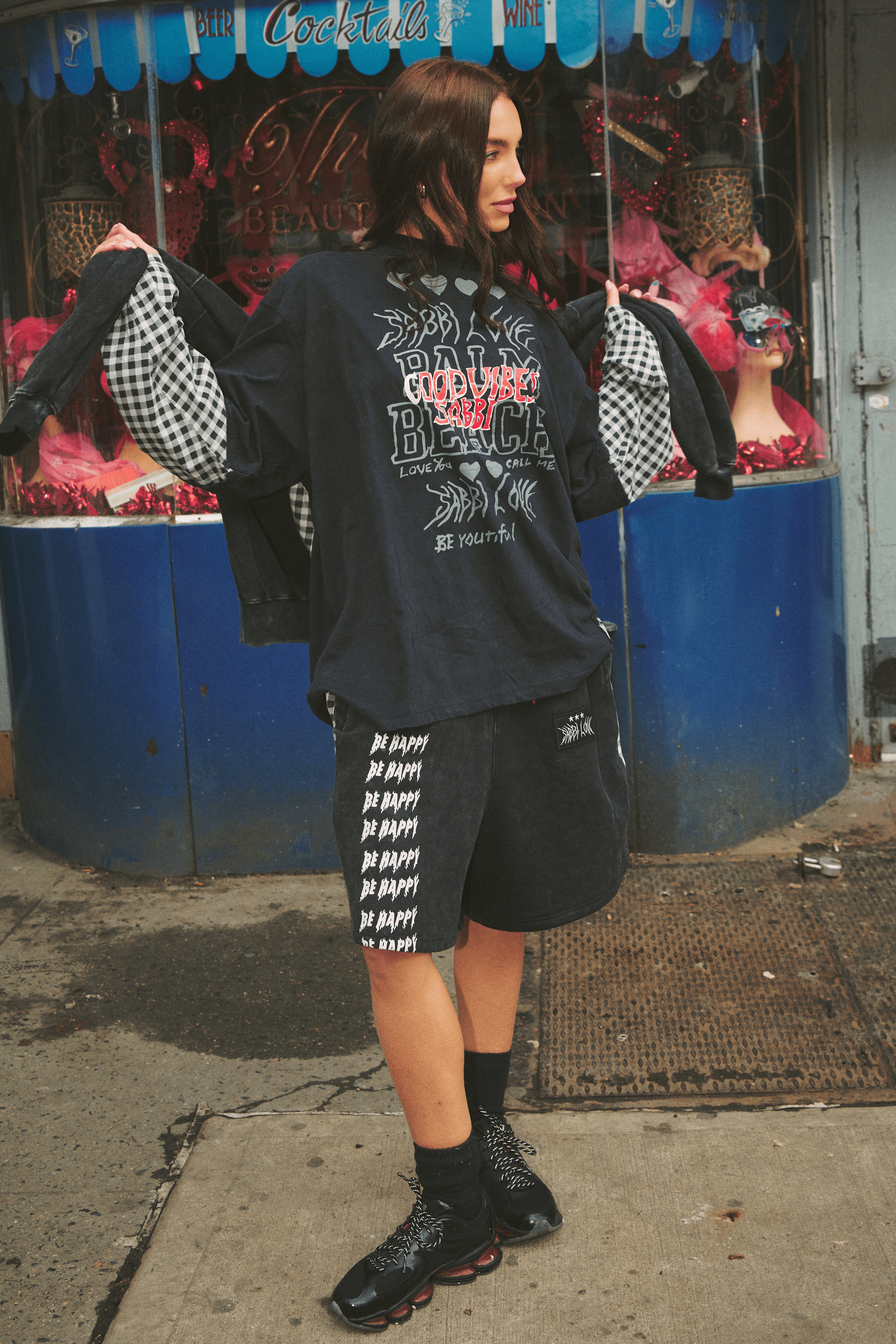 THE BE HAPPY GINGHAM LONG SLEEVE TEE